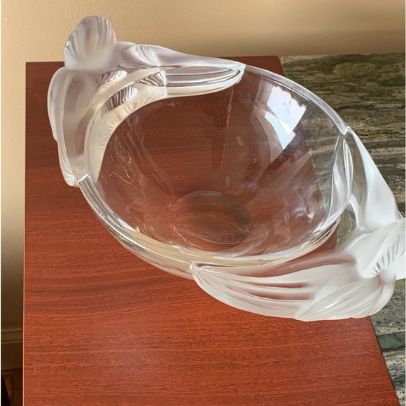 LALIQUE fruit bowl with double orchid L12.5”,D8.5”,H5 1/4”Signed Lalique France - Picture 7 of 12